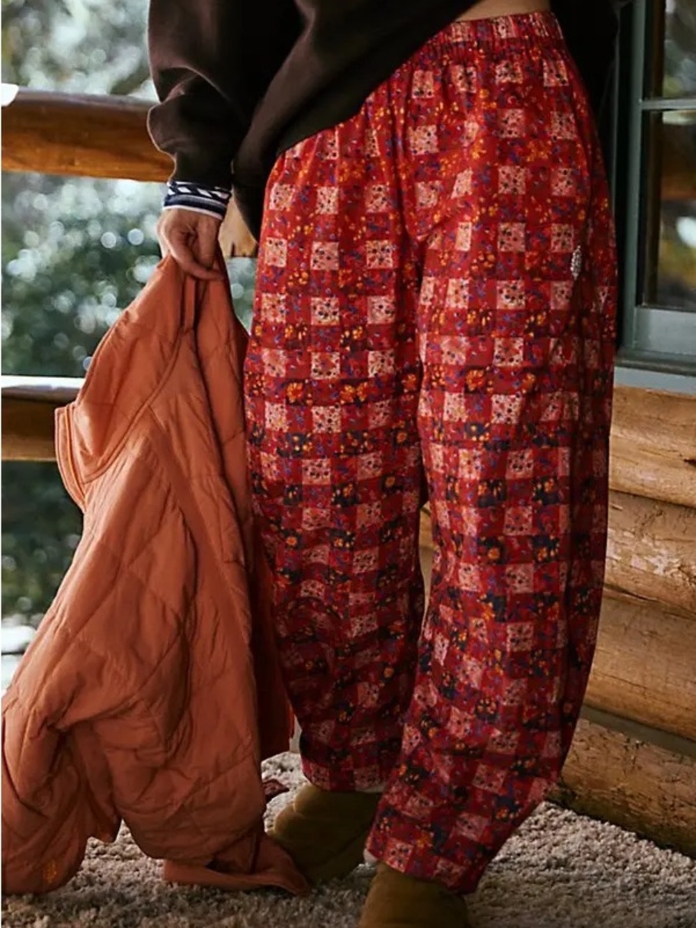 Free People Movement Red Patchwork-floral Print Relaxed Pants NWT